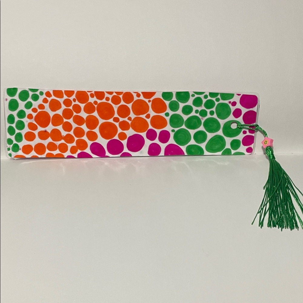 Colorful Polka Dot Bookmark with Tassel - Bright Green, Orange & Pink